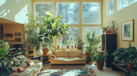 A bright and inviting living room adorned with various indoor plants. Large windows flood the space with natural light, enhancing the cozy decor and tranquil atmosphere.の素材