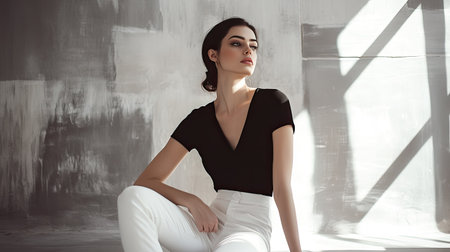 A striking portrait of a woman in a minimalist studio, featuring soft light and shadows. Her elegant pose showcases modern fashion and beauty.の素材