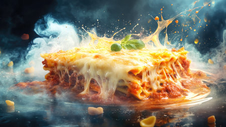 A visually stunning lasagna with gooey, melting cheese, enriched by vibrant basil leaves, splashes of rich tomato sauce, and wisps of steam swirling around.の素材