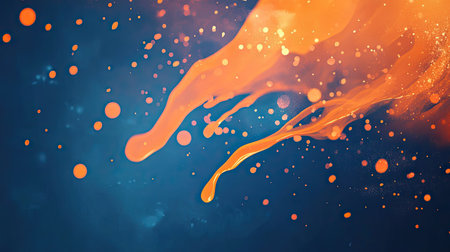 This stunning image features vibrant orange splashes and droplets set against a deep blue background, creating a dynamic and artistic visual effect. Perfect for creative projects!の素材