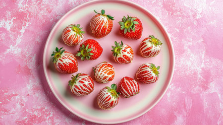 Delight in a plate of fresh strawberries drizzled with white chocolate, set against a charming pink backdrop. Perfect for sweet cravings!の素材