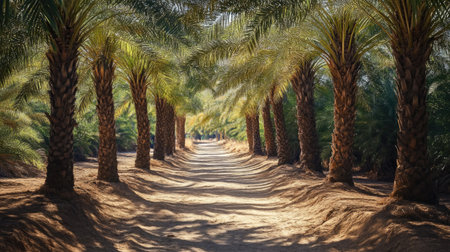 Discover a beautiful scene featuring a pathway lined with palm trees under a bright sky, inviting serenity and a sense of adventure in nature's embrace.の素材