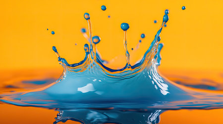 This striking image features a vibrant blue water splash against a bright orange background, showcasing dynamic motion and artistic beauty. Perfect for design projects.の素材