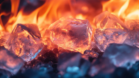 An intriguing image showcasing the striking contrast between fire and ice, with glowing crystals emerging from fiery flames, highlighting nature's extremes.の素材