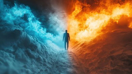 A striking image of a person walking through a surreal landscape, split between the contrasting forces of fire and ice, symbolizing a journey of choice and emotion.の素材