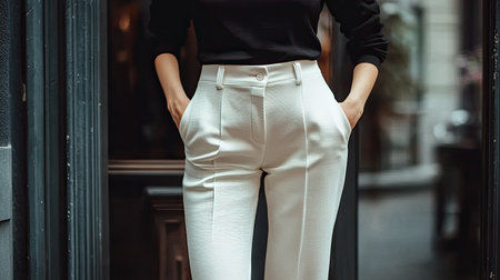 A fashionable woman strikes a confident pose in a stylish outfit, showcasing modern elegance against a chic urban backdrop. Perfect for lifestyle imagery.の素材