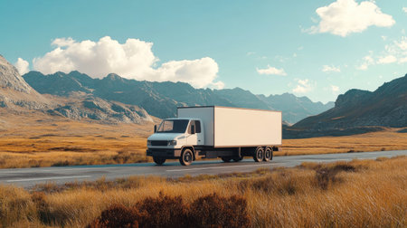 A white delivery truck drives along an empty road, surrounded by breathtaking mountains and open fields. The clear blue sky adds to the serene landscape.の素材