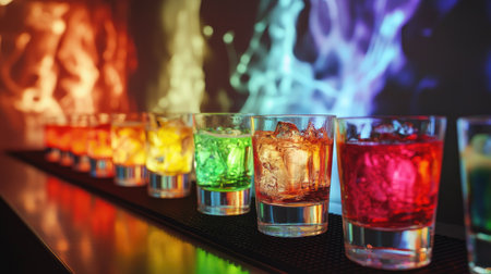 A vibrant display of colorful cocktails lined up on a bar, illuminated by a neon backdrop. Ideal for themes of nightlife, celebration, and refreshment.の素材
