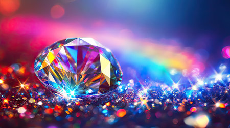 A stunning close-up of a sparkling diamond resting on a glittering surface, illuminated with vibrant rainbow light reflections. Bright colors enhance the luxurious feel.の素材