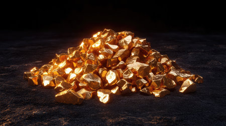 A stunning pile of gleaming gold nuggets sits against a dark background, symbolizing wealth and prosperity. Ideal for finance and mining themes.の素材