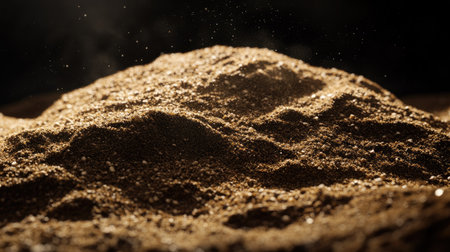 A stunning close-up image of a fine sand pile accentuated by sparkling dust particles in the air, showcasing rich textures and natural beauty.の素材