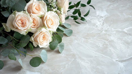 A beautiful arrangement of soft peach roses accented with lush greenery, set against a smooth marble background, perfect for weddings or floral decor.の素材