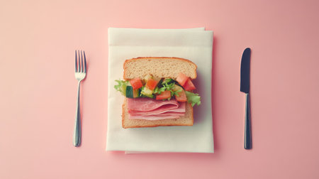 A delicious ham sandwich featuring fresh vegetables and bread, artfully arranged on a pink background, ideal for lunch or snack presentations and food photography.の素材
