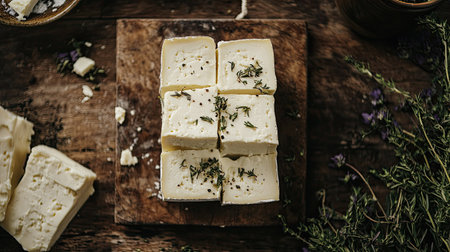 Rustic image featuring freshly cut butter blocks garnished with herbs on a wooden board, ideal for culinary projects, food blogs, and recipes.の素材