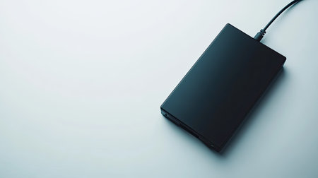 A sleek external hard drive connected to a computer showcases modern technology and utility in a minimalist workspace, ideal for digital storage solutions.の素材