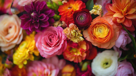 A vibrant and detailed close-up of an exquisite floral arrangement displaying a variety of blooming flowers in rich colors, symbolizing beauty and freshness.の素材