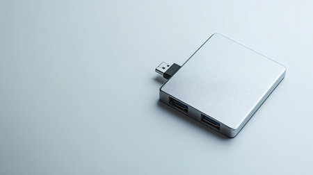 This image showcases a sleek silver USB hub featuring multiple ports. Its minimalist design highlights modern technology, perfect for enhancing workspace efficiency.の素材