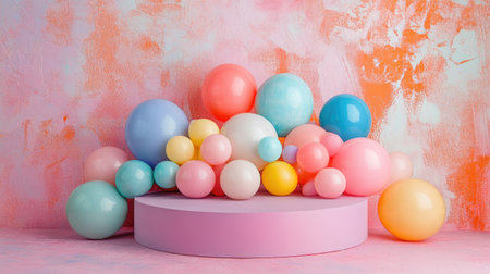 A vibrant display of colorful balls arranged on a pink platform, set against an artistic background. Perfect for playful and festive themes in design.の素材