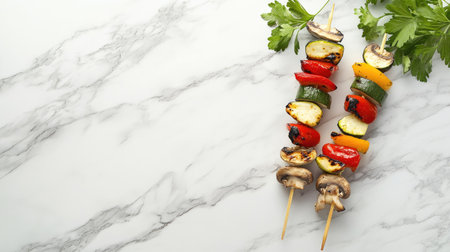 Colorful grilled vegetable skewers featuring zucchini, bell peppers, mushrooms, and herbs. Perfect for summer meals, barbecues, and outdoor gatherings.の素材