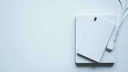 This image showcases a minimalist white power bank and charger resting on a light surface, ideal for technology-themed projects or articles focused on modern devices.の素材