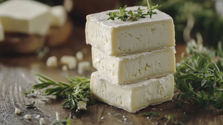 Stacked fresh creamy cheese topped with herbs creates an inviting dish, ideal for appetizers or garnishes. Perfect for culinary presentations and recipes.の素材