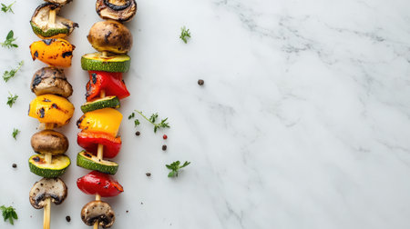 Colorful grilled vegetable skewers arranged on a marble tabletop create a vibrant and inviting dish, perfect for summer barbecues and healthy dining.の素材