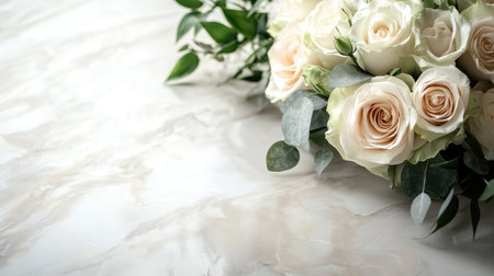 A stunning arrangement of white roses creates a serene atmosphere against a light marble background. Perfect for weddings or elegant celebrations.の素材