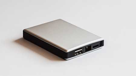 This compact external hard drive features USB and ethernet ports for seamless data transfer and storage. Its sleek design makes it perfect for modern users.の素材