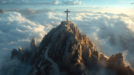 A stunning view of a rugged mountain peak adorned with a cross above a sea of clouds. The serene sunrise casts a warm light, evoking feelings of peace and spirituality.の素材