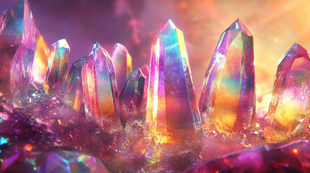 A stunning display of vibrant crystals glimmering with colorful reflections against an abstract backdrop. The intricate details and bright hues create a captivating visual experience.の素材