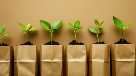 This image showcases young green seedlings growing in brown paper bags, emphasizing themes of growth, sustainability, and the nurturing aspect of gardening.の素材