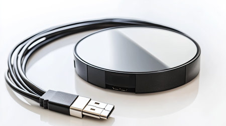 A sleek USB charging station with a cable, designed for modern devices. Its round shape and reflective surface add elegance to any workspace or home.の素材
