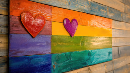 This vibrant artwork features colorful hearts on a wooden surface, symbolizing love and diversity, perfect for celebrating unity and creativity.の素材