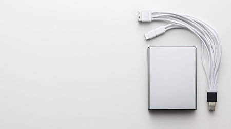 A plain portable external hard drive positioned with USB cables on a white background. Ideal for showcasing data storage solutions in a minimalistic style.の素材
