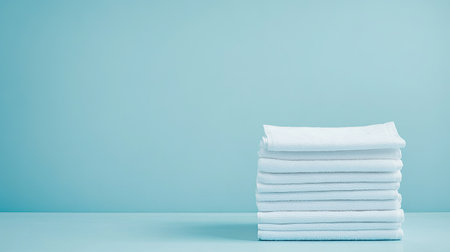 A serene image showcasing a neat stack of white towels against a light blue background, ideal for spa themes, wellness, cleanliness, and luxury decor.の素材