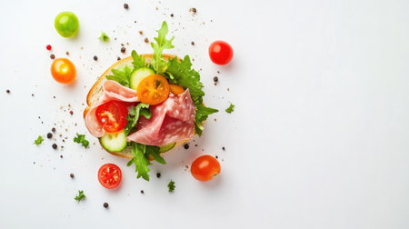A vibrant and fresh composition of salad ingredients featuring vegetables and meat toppings, perfect for healthy meals and snacks. Ideal for food photography.の素材