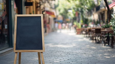 A rustic wooden chalkboard stand sits empty on a quiet street lined with shops and cafes, inviting creativity and fresh ideas in a tranquil urban setting.の素材