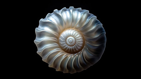 Beautiful close-up image of a nautilus shell showcasing its intricate spiral design and glossy texture, ideal for nature and educational themes.の素材