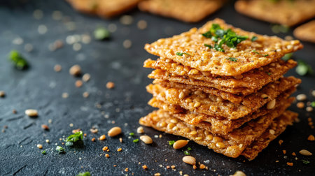 A beautifully arranged stack of crispy snacks featuring seeds and herbs against a dark background, perfect for healthy appetizer ideas.の素材