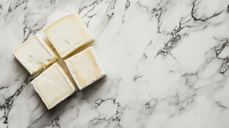 Four creamy cheese blocks are arranged elegantly on a marble surface, showcasing their rich texture perfect for gourmet presentations and culinary displays.の素材