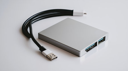 This image features a sleek, modern USB hub with multiple ports and a cable, ideal for enhancing device connectivity and efficiency in any workspace.の素材