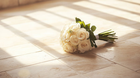 A beautiful arrangement of white roses elegantly lies on a sunlit tiled floor, creating a serene atmosphere. Perfect for romantic, wedding, or celebration themes.の素材