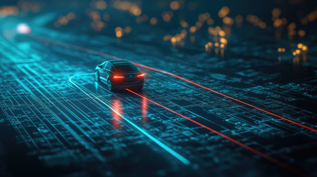 A stunning visual of a car navigating a neon circuit road at night, blending technology and design into a futuristic urban landscape that signifies innovation and speed.の素材
