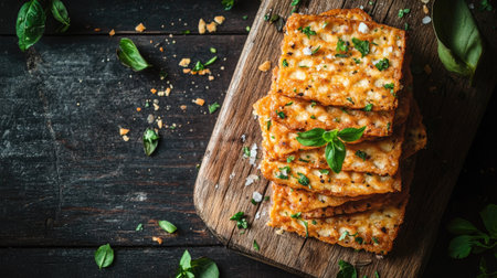 A visually appealing arrangement of crispy savory crackers topped with fresh herbs, perfect for snacks or appetizers. Captured on a rustic wooden board.の素材