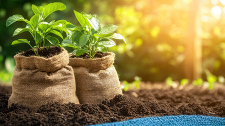 Two young plants growing in burlap bags surrounded by rich soil under warm sunlight. This image captures the essence of nurturing green life in a natural setting.の素材