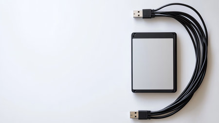 A sleek external hard drive positioned next to USB cables, set against a minimalist background. Perfect for illustrating data storage technology and digital solutions.の素材
