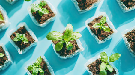 Fresh green seedlings emerge from small pots filled with rich soil, set against a vibrant blue background, symbolizing growth and new beginnings in gardening.の素材