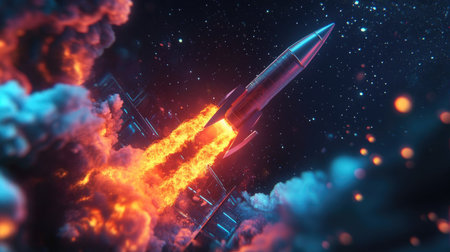A stunning rocket is launching into space, surrounded by fiery flames and cosmic dust. The dramatic scene captures the thrill of exploration and innovation.の素材