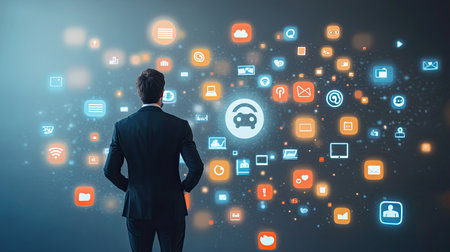 A businessman stands before a vivid display of digital marketing icons, representing various communication and social media applications, showcasing innovation and data analysis.の素材