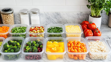 A vibrant assortment of meal prep containers filled with fresh vegetables and rice, perfect for healthy cooking and meal planning in a clean kitchen setting.の素材